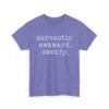 Unisex t-shirt from Twisted Angell with the sarcastic phrase “Sarcastic Awkward Sweary” printed on the front.