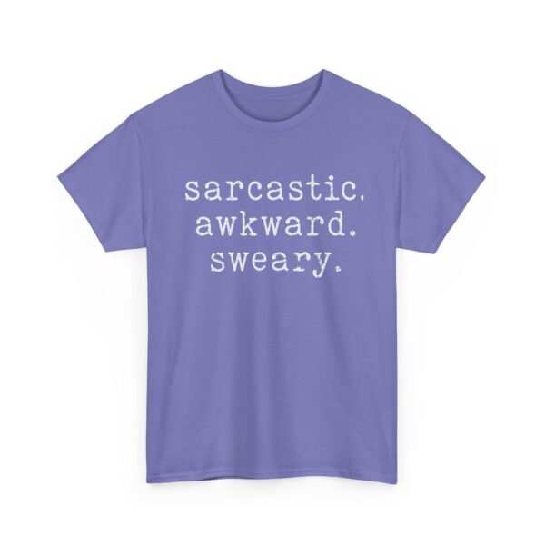 Unisex t-shirt from Twisted Angell with the sarcastic phrase “Sarcastic Awkward Sweary” printed on the front.