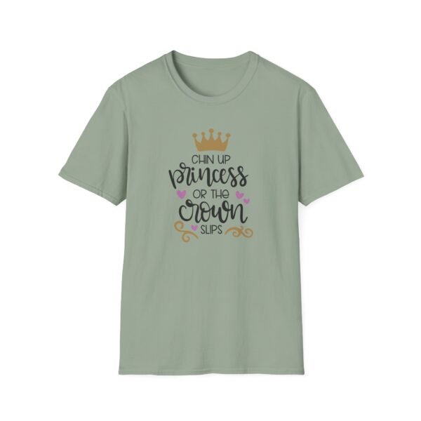 Unisex t-shirt from Twisted Angell with the sarcastic phrase “Chin Up Princess or the Crown Slips” printed on the front.