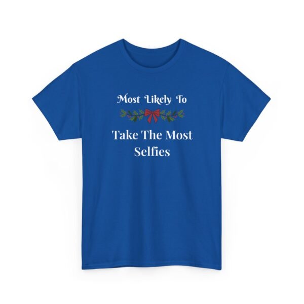 Unisex t-shirt from Twisted Angell with the sarcastic phrase “Most Likely to Take the Most Selfies” printed on the front.