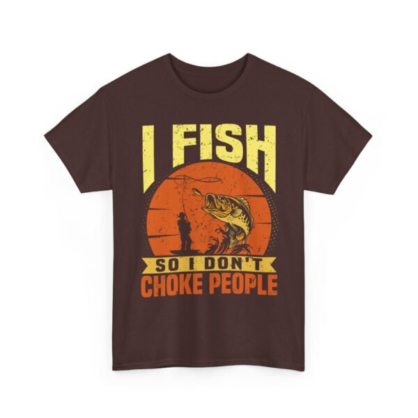 Unisex t-shirt from Twisted Angell with the sarcastic phrase “I Fish So I Don't Choke People” printed on the front.