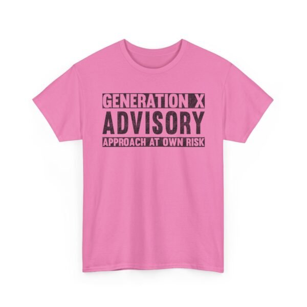 Unisex t-shirt from Twisted Angell with the sarcastic phrase “Generation X Advisory – Approach At Own Risk” printed on the front.