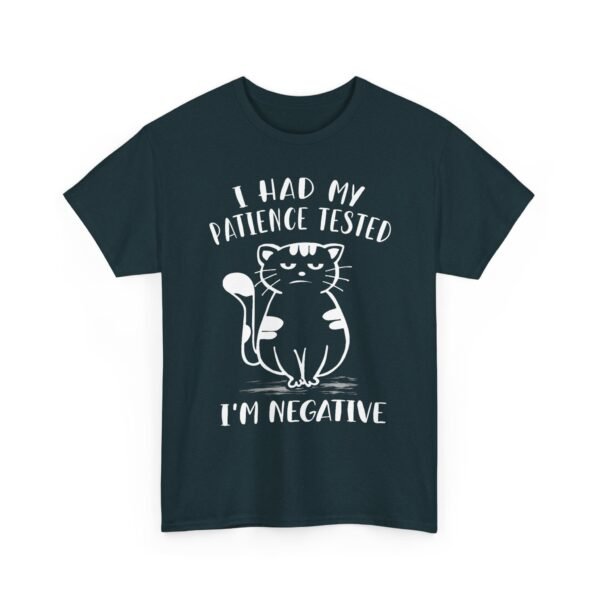 Unisex t-shirt from Twisted Angell with the sarcastic phrase “I Had My Patience Tested, I'm Negative” printed on the front.