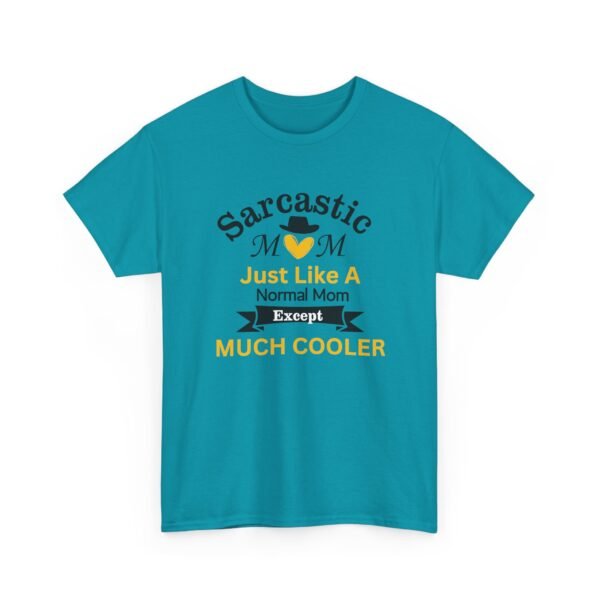 Unisex t-shirt from Twisted Angell with the sarcastic phrase “Sarcastic Mom, Just Like A Normal Mom Except Much Cooler” printed on the front.