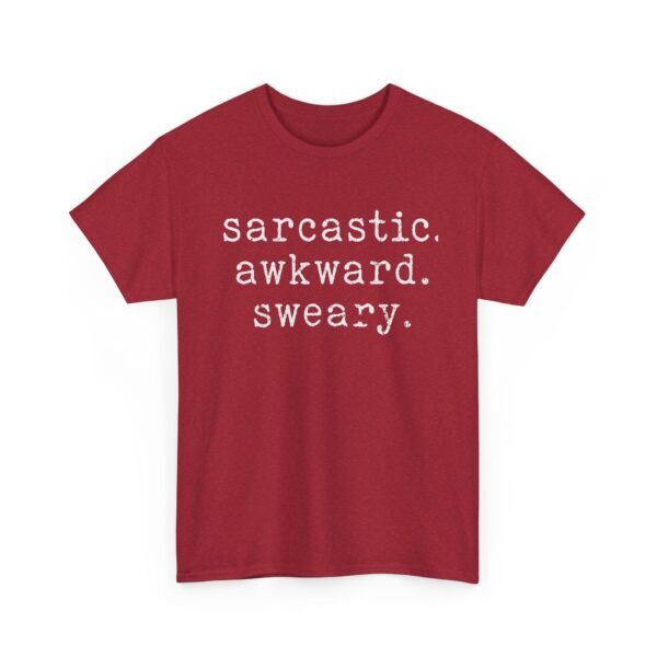 Unisex t-shirt from Twisted Angell with the sarcastic phrase “Sarcastic Awkward Sweary” printed on the front.