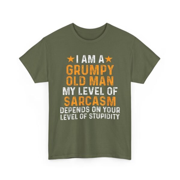 Unisex t-shirt from Twisted Angell with the sarcastic phrase “I Am A Grumpy Old Man, My Level Of Sarcasm Depends On Your Level Of Stupidity” printed on the front.
