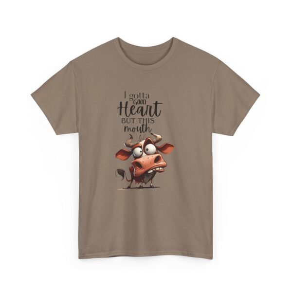 5598594414407552166_2048-1.jpeg Unisex t-shirt from Twisted Angell with the sarcastic phrase “I Gotta Good Heart But This Mouth - Cow” printed on the front.
