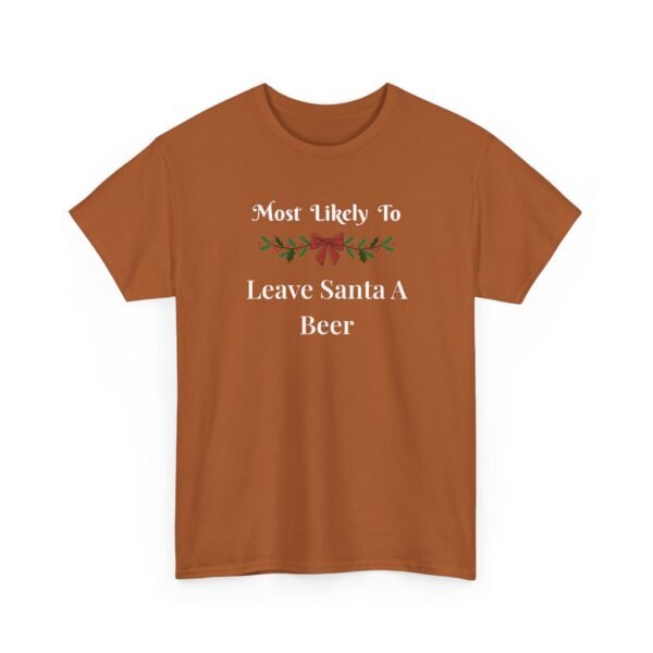 Unisex t-shirt from Twisted Angell with the sarcastic phrase “Most Likely to Leave Santa a Beer” printed on the front.