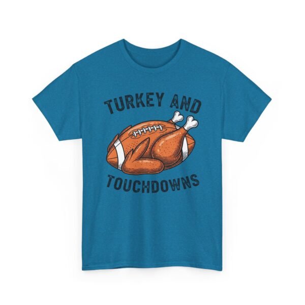 Unisex t-shirt from Twisted Angell with the sarcastic phrase “Turkey and Touchdowns” printed on the front.