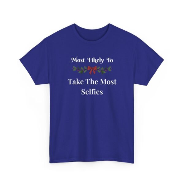 Unisex t-shirt from Twisted Angell with the sarcastic phrase “Most Likely to Take the Most Selfies” printed on the front.