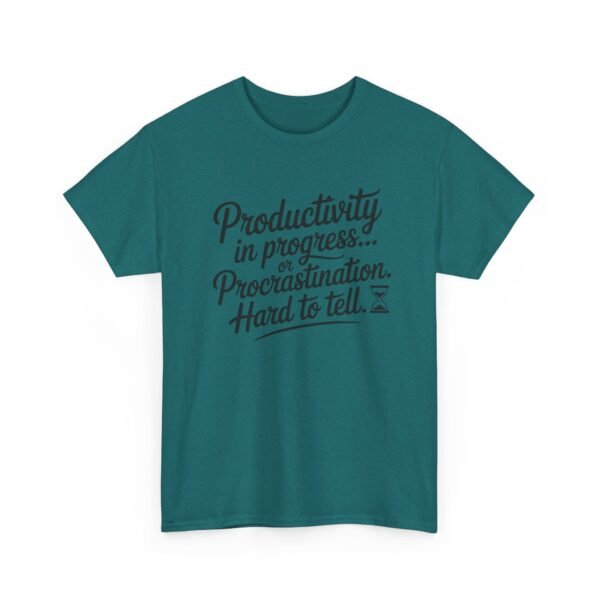 Unisex t-shirt from Twisted Angell with the sarcastic phrase “Productivity in progress... Procrastination. Hard to tell” printed on the front.