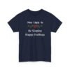 Unisex t-shirt from Twisted Angell with the sarcastic phrase “Most Likely To Be Singing Happy Feelings” printed on the front.