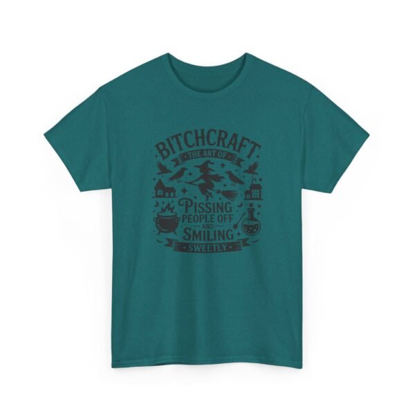 Unisex t-shirt from Twisted Angell with the sarcastic phrase “Bitchcraft, The Art Of Pissing People Off And Smiling Sweetly” printed on the front.