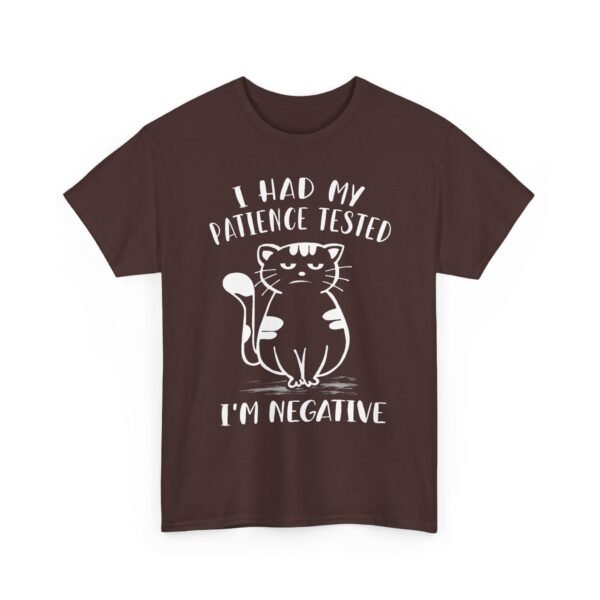 Unisex t-shirt from Twisted Angell with the sarcastic phrase “I Had My Patience Tested, I'm Negative” printed on the front.