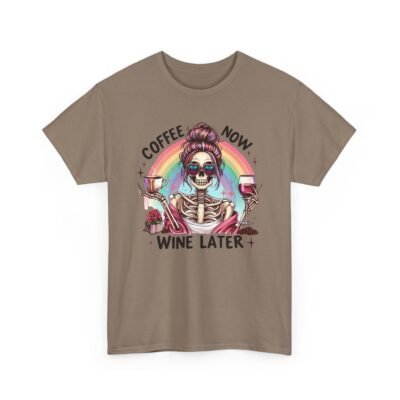 Unisex t-shirt from Twisted Angell with the sarcastic phrase “Coffee Now, Wine Later” printed on the front.