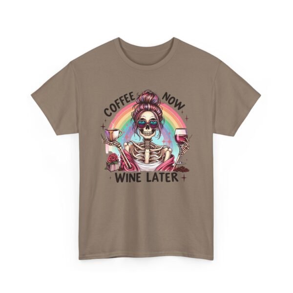 Unisex t-shirt from Twisted Angell with the sarcastic phrase “Coffee Now, Wine Later” printed on the front.