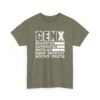 Unisex t-shirt from Twisted Angell with the sarcastic phrase “Gen X: Exhausted, Caffeinated, Nostalgic, Meme Archivist, Mixtape Curator” printed on the front.