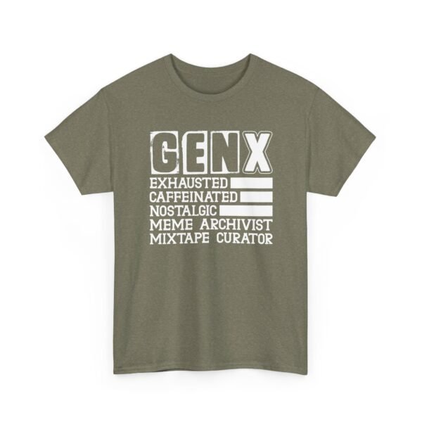 Unisex t-shirt from Twisted Angell with the sarcastic phrase “Gen X: Exhausted, Caffeinated, Nostalgic, Meme Archivist, Mixtape Curator” printed on the front.