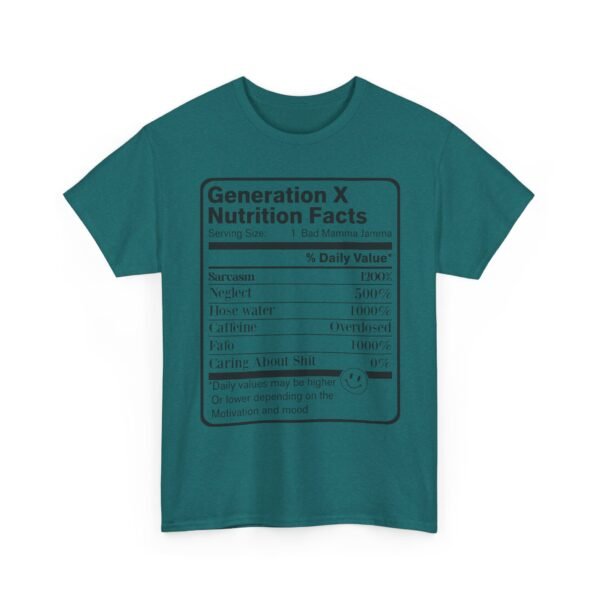 Unisex t-shirt from Twisted Angell with the sarcastic phrase “Generation X Nutrition Facts” printed on the front.
