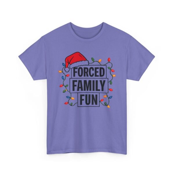 Unisex t-shirt from Twisted Angell with the sarcastic phrase “Forced Family Fun” printed on the front.