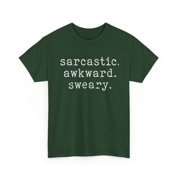 Unisex t-shirt from Twisted Angell with the sarcastic phrase “Sarcastic Awkward Sweary” printed on the front.