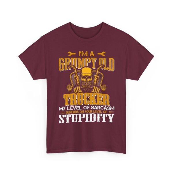 Unisex t-shirt from Twisted Angell with the sarcastic phrase “I'm A Grumpy Old Trucker, My Level Of Sarcasm Depends On Your Level Of Stupidity” printed on the front.