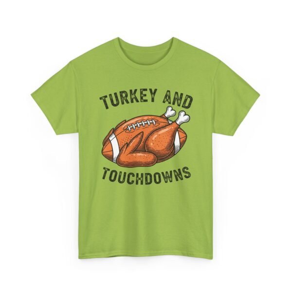 Unisex t-shirt from Twisted Angell with the sarcastic phrase “Turkey and Touchdowns” printed on the front.