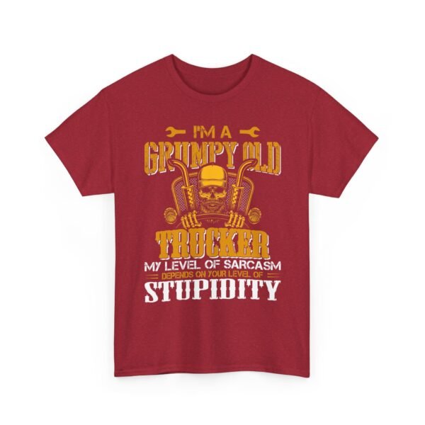 Unisex t-shirt from Twisted Angell with the sarcastic phrase “I'm A Grumpy Old Trucker, My Level Of Sarcasm Depends On Your Level Of Stupidity” printed on the front.