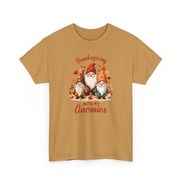 Unisex t-shirt from Twisted Angell with the sarcastic phrase “Thanksgiving With My Gnomies” printed on the front.