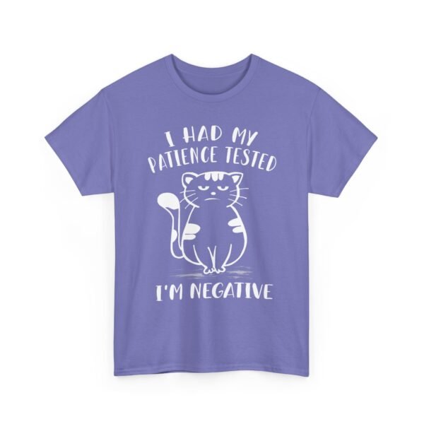Unisex t-shirt from Twisted Angell with the sarcastic phrase “I Had My Patience Tested, I'm Negative” printed on the front.