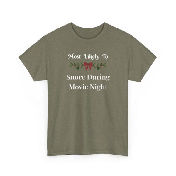 Unisex t-shirt from Twisted Angell with the sarcastic phrase “Most Likely to Snore During Movie Night” printed on the front.