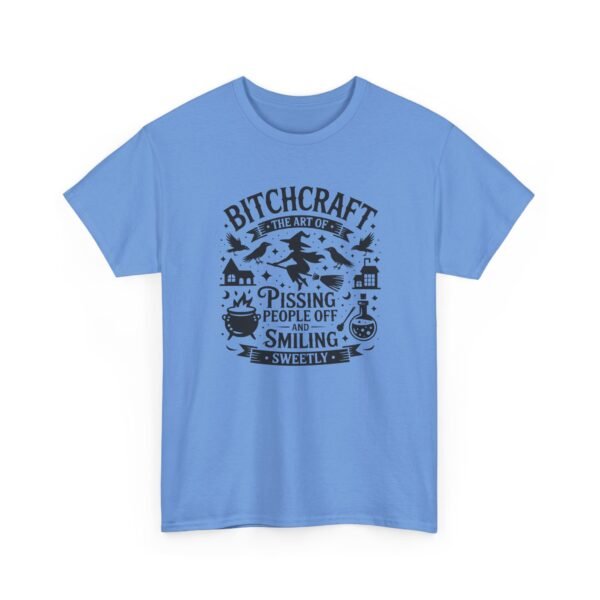 Unisex t-shirt from Twisted Angell with the sarcastic phrase “Bitchcraft, The Art Of Pissing People Off And Smiling Sweetly” printed on the front.