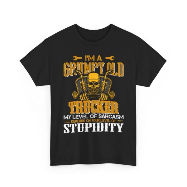Unisex t-shirt from Twisted Angell with the sarcastic phrase “I'm A Grumpy Old Trucker, My Level Of Sarcasm Depends On Your Level Of Stupidity” printed on the front.