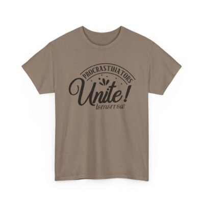 Unisex t-shirt from Twisted Angell with the sarcastic phrase “Procrastinators Unite Tomorrow” printed on the front.