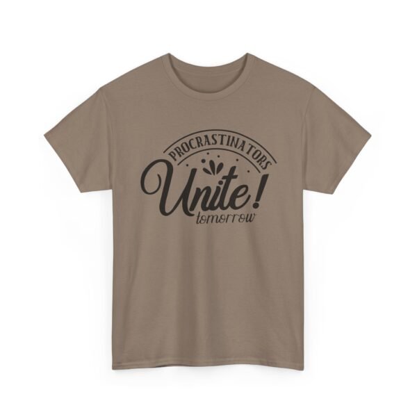 Unisex t-shirt from Twisted Angell with the sarcastic phrase “Procrastinators Unite Tomorrow” printed on the front.