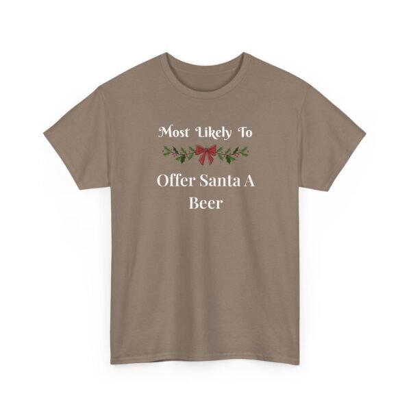 Unisex t-shirt from Twisted Angell with the sarcastic phrase “Most Likely To Offer Santa A Beer” printed on the front.