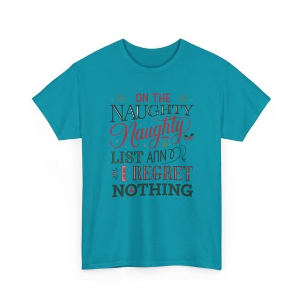 Unisex t-shirt from Twisted Angell with the sarcastic phrase “On The Naughty Naughty List and Regret Nothing” printed on the front.