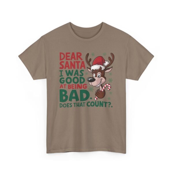 Unisex t-shirt from Twisted Angell with the sarcastic phrase “Dear Santa I Was Good at Being Bad” printed on the front.