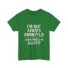 Unisex t-shirt from Twisted Angell with the sarcastic phrase “I'm Not Always Annoyed, Sometimes I'm Asleep” printed on the front.