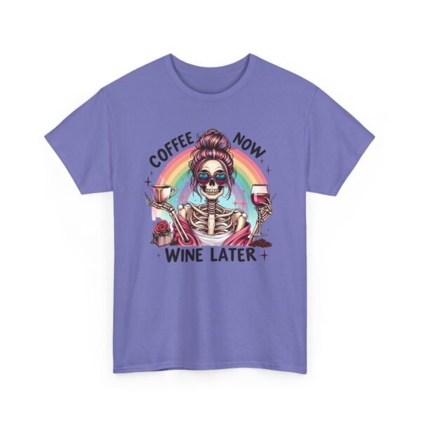 Unisex t-shirt from Twisted Angell with the sarcastic phrase “Coffee Now, Wine Later” printed on the front.