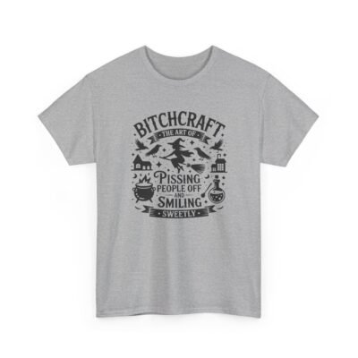 Unisex t-shirt from Twisted Angell with the sarcastic phrase “Bitchcraft, The Art Of Pissing People Off And Smiling Sweetly” printed on the front.