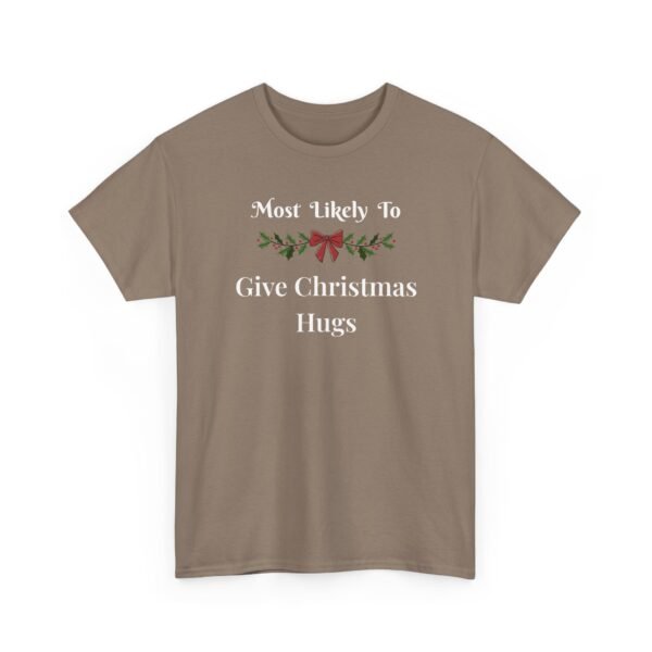 Unisex t-shirt from Twisted Angell with the sarcastic phrase “Most Likely To Give Christmas Hugs” printed on the front.
