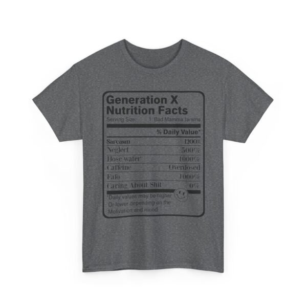 Unisex t-shirt from Twisted Angell with the sarcastic phrase “Generation X Nutrition Facts” printed on the front.