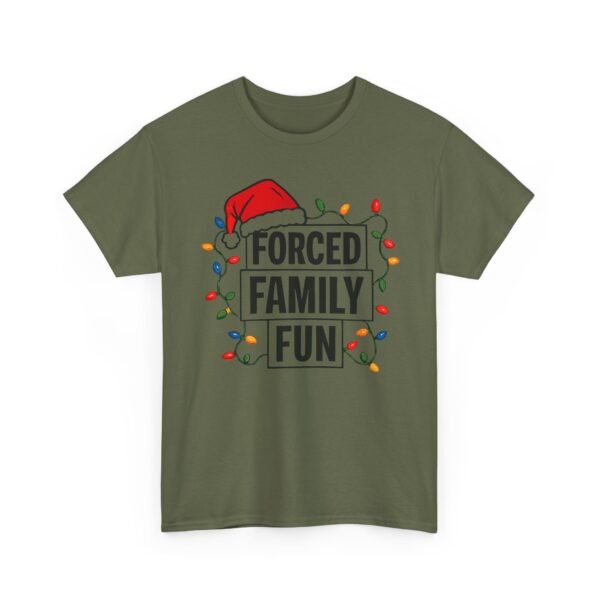 Unisex t-shirt from Twisted Angell with the sarcastic phrase “Forced Family Fun” printed on the front.