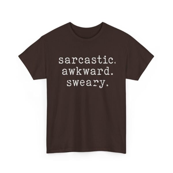 Unisex t-shirt from Twisted Angell with the sarcastic phrase “Sarcastic Awkward Sweary” printed on the front.