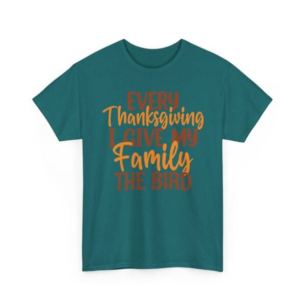 Unisex t-shirt from Twisted Angell with the sarcastic phrase “Every Thanksgiving I Give My Family The Bird” printed on the front.