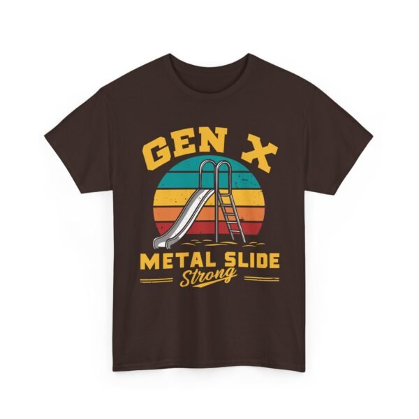 Unisex t-shirt from Twisted Angell with the sarcastic phrase “Gen X Metal Slide Strong” printed on the front.