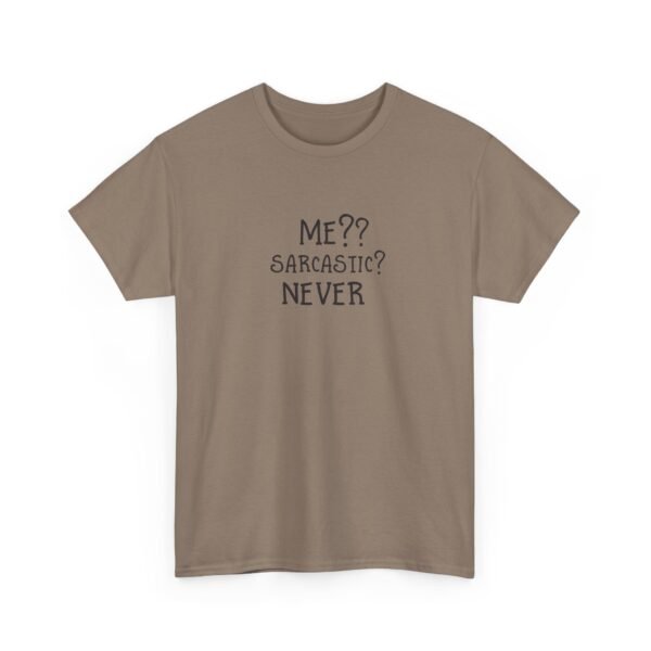 Unisex t-shirt from Twisted Angell with the sarcastic phrase “Me?? Sarcastic? NEVER” printed on the front.