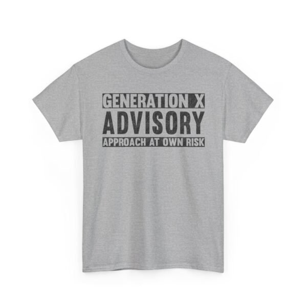 Unisex t-shirt from Twisted Angell with the sarcastic phrase “Generation X Advisory – Approach At Own Risk” printed on the front.