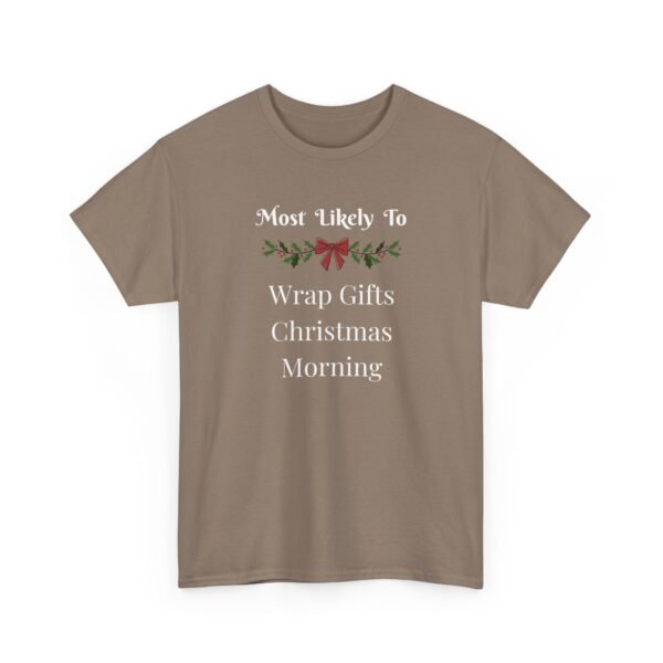 Unisex t-shirt from Twisted Angell with the sarcastic phrase “Most Likely To Wrap Gifts Christmas Morning” printed on the front.